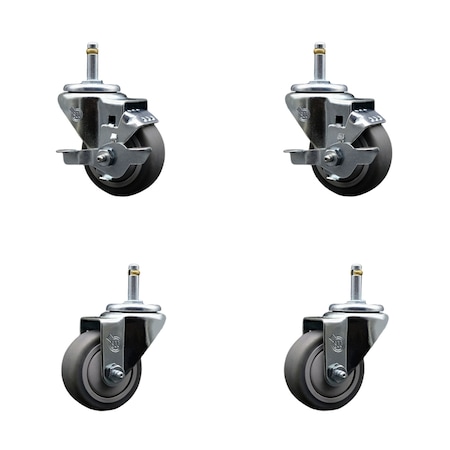 Service Caster 3'' Thermo Rubber Wheel Swivel 7/16'' Grip Ring Stem Caster Set 2 Brake, 4PK SCC-GR20S314-TPRB-TLB-716138-2-S-2
